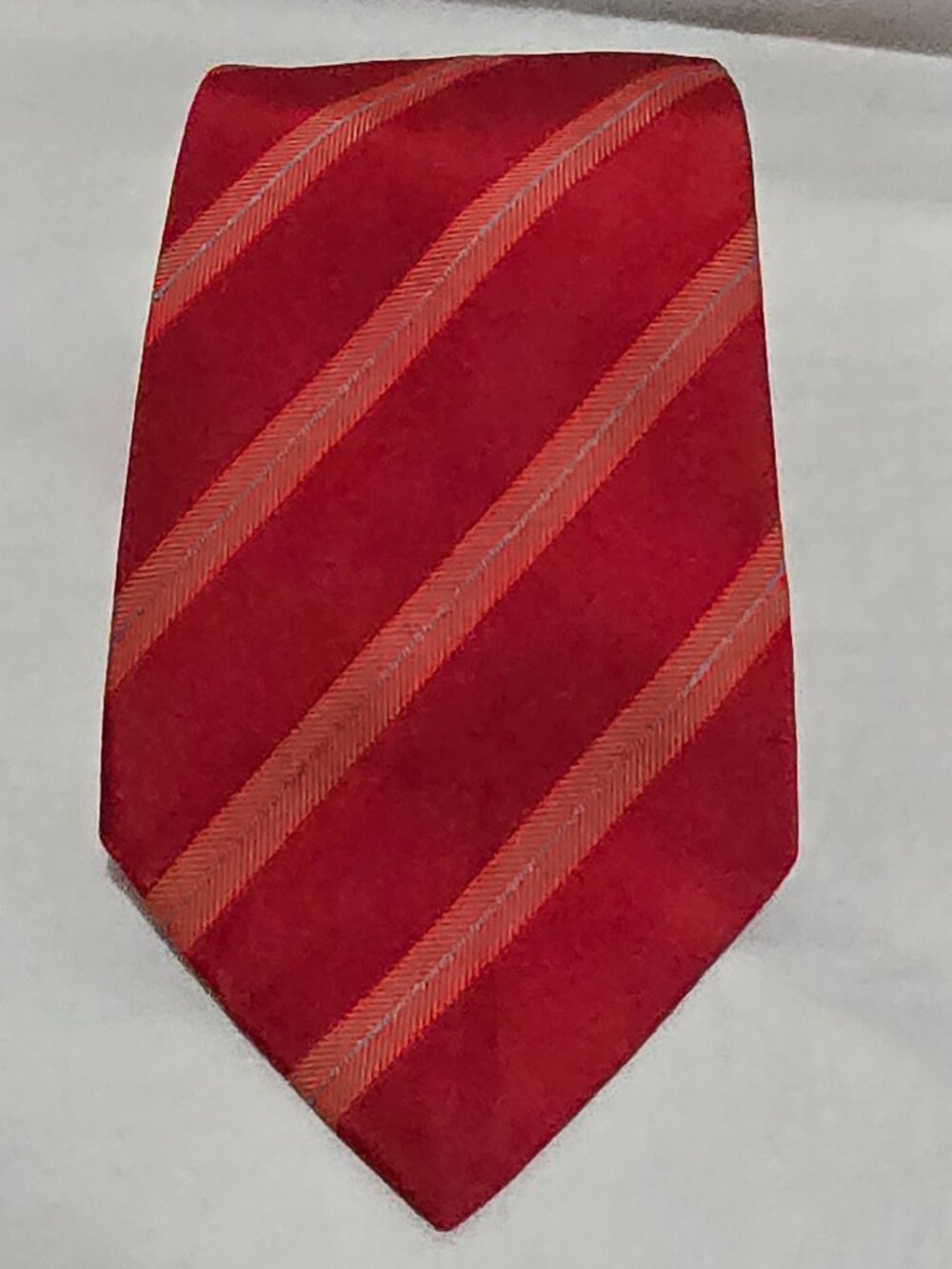 PINK Thomas Pink Made in France 100% Silk Necktie Red Blue Striped 3 3/4" x 61"
